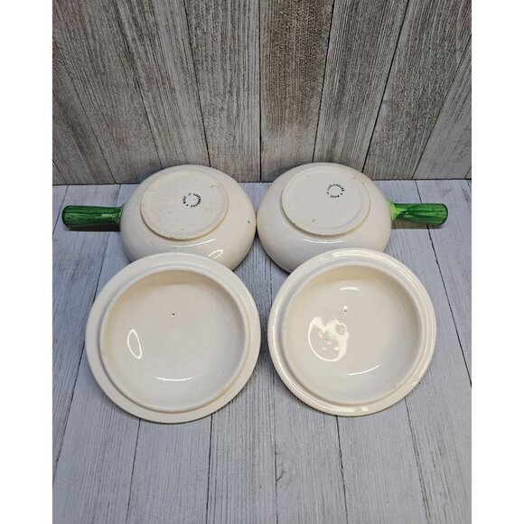 Vtg Ceramic Bowls with Handle and Lids Leek Design Set Of 2 - Made in Luxembourg - Picture 3 of 7